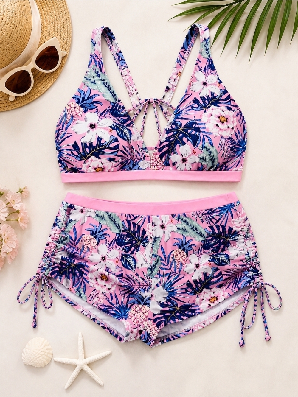 Floral Pink Tropical Bikini Set with High-Waist Shorts